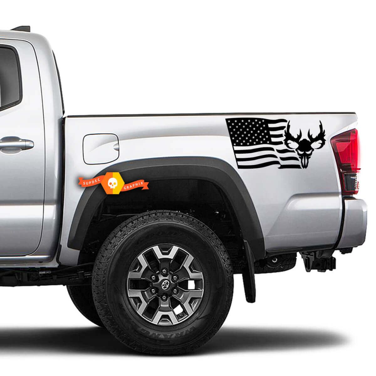 2 side USA Flag Skull horn Hunting 4x4 Toyota Racing Tacoma Decal Vinyl Sticker
