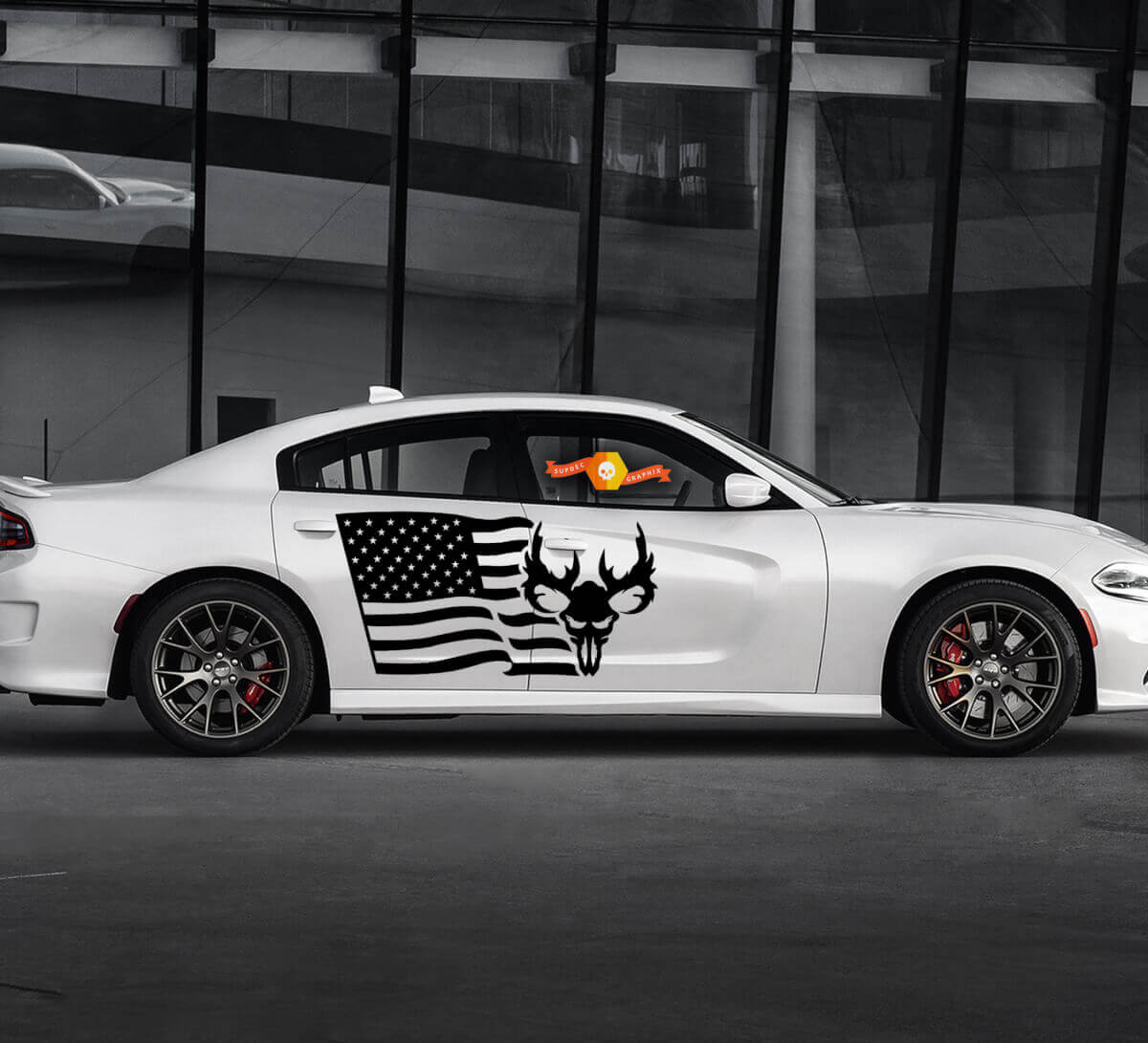 2 Side USA Flag Skull Door Side Vinyl Decals Graphics Sticker 2 for Dodge Charger