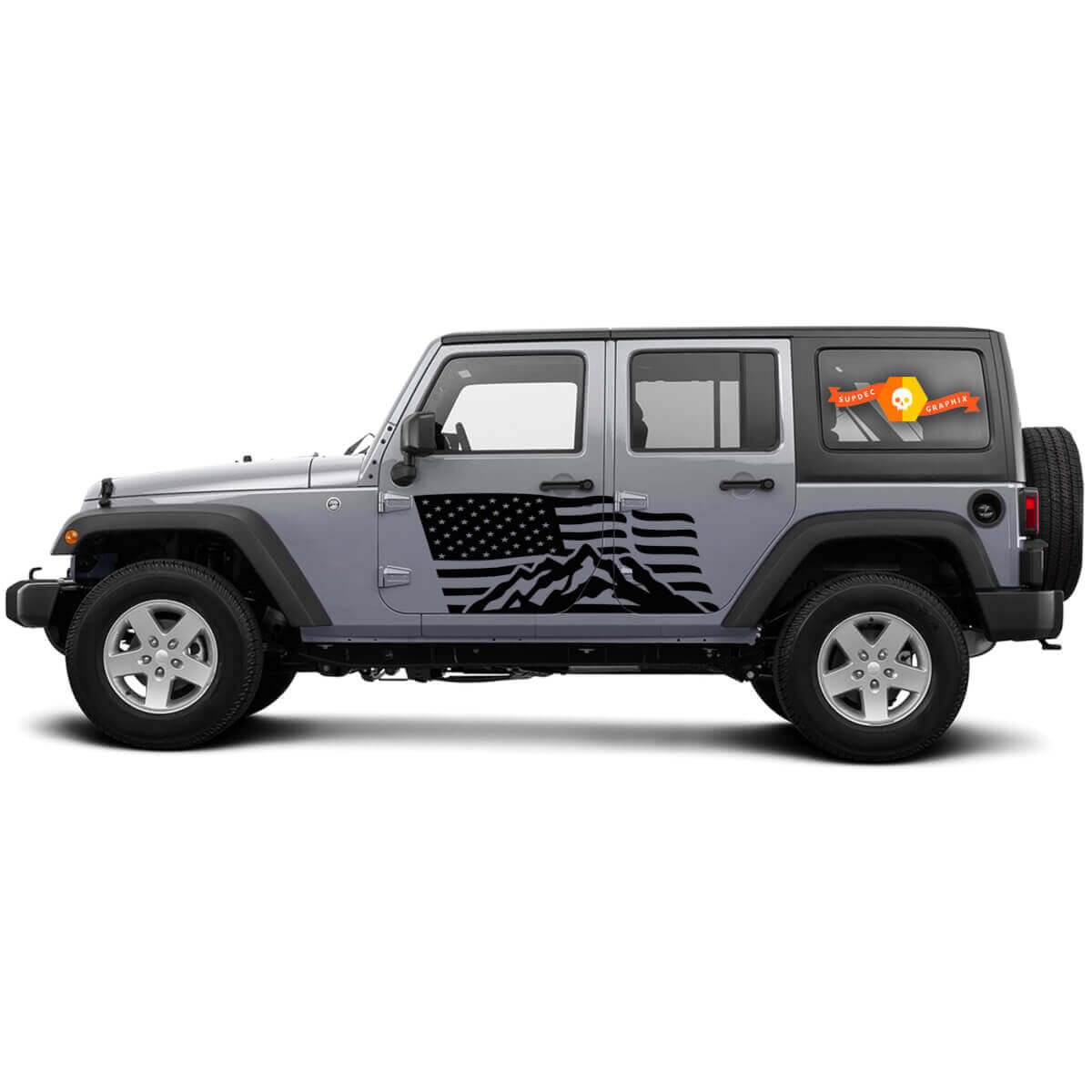2 Side Jeep Wrangler USA Flag Mountain Door Side Vinyl Decals Graphics Sticker
