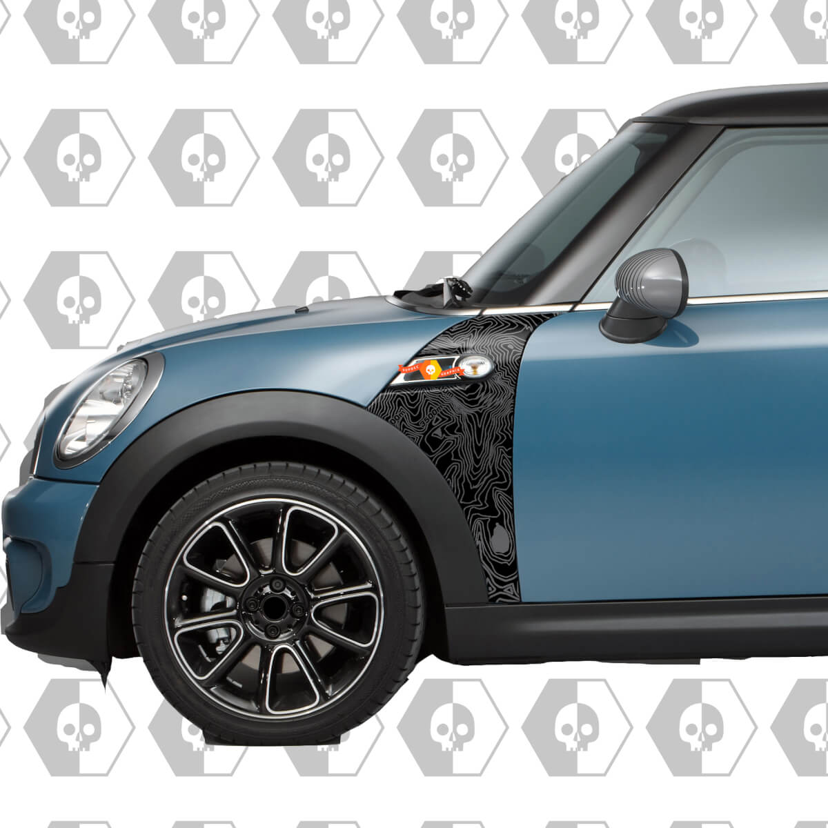 Mini Cooper Topographic Map Cover front fenders (wings) behind the front wheel on both sides Decal Sticker
