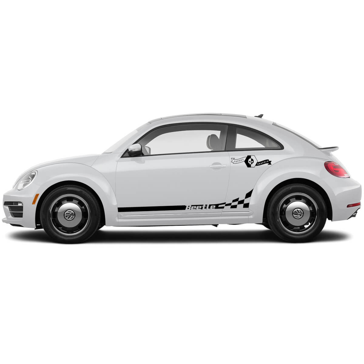 2 Volkswagen Beetle rocker Stripe Graphics Stickers Decals designed to flow around a checkered flag style, suitable for any year.
