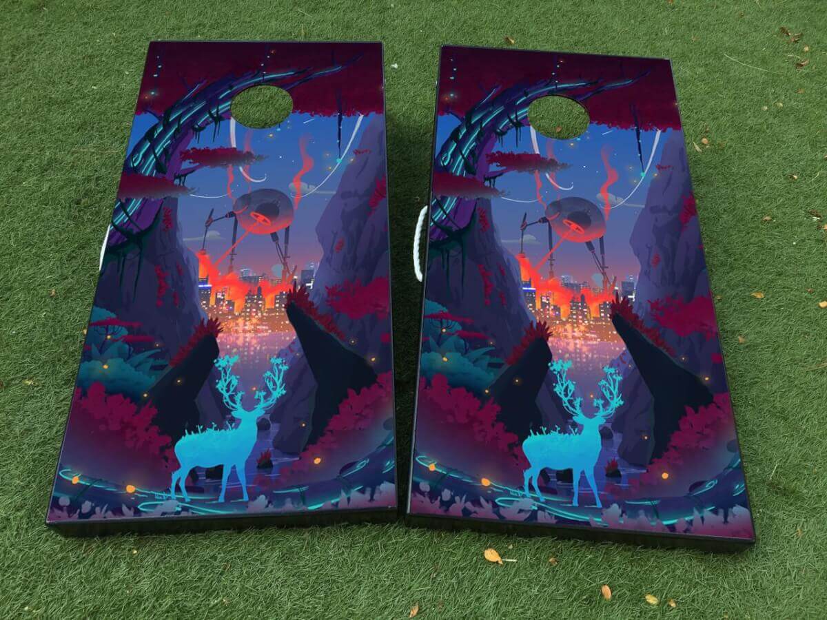 Abstract Sci-Fi Forest Cornhole Board Vinyl Wrap Decal Set