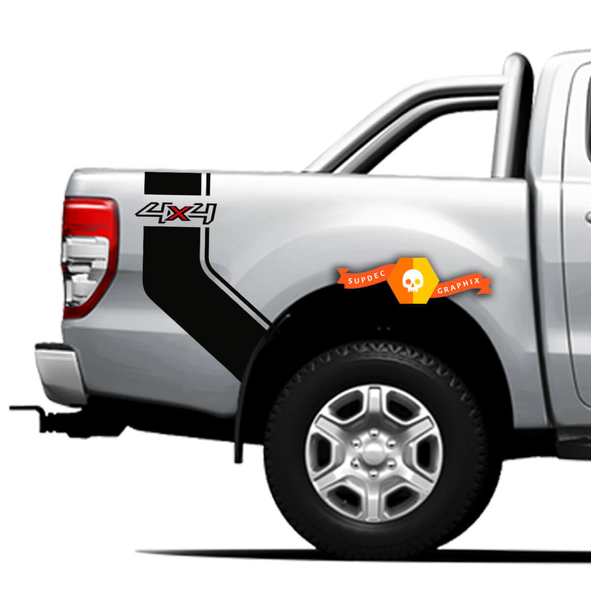 Pair Vinyl Decals Stickers Side bed bands 4x4 graphic for Ford Ranger Off Road, Curved Strip 2021
