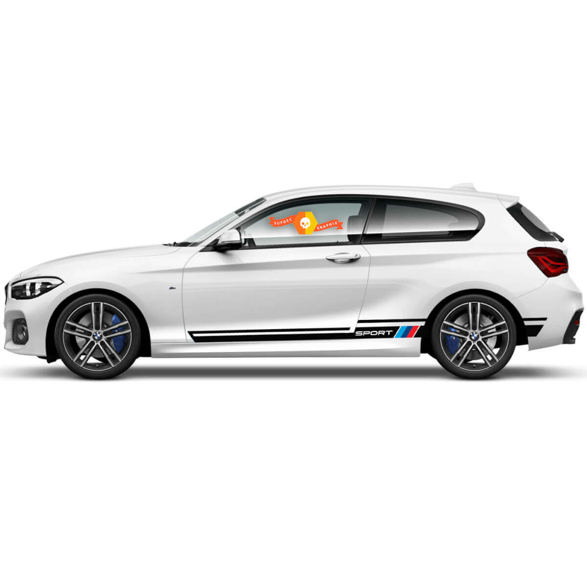 2x Vinyl Decals Graphic Stickers for the side of a BMW 1 Series 2015 rocker panel in Racing style
