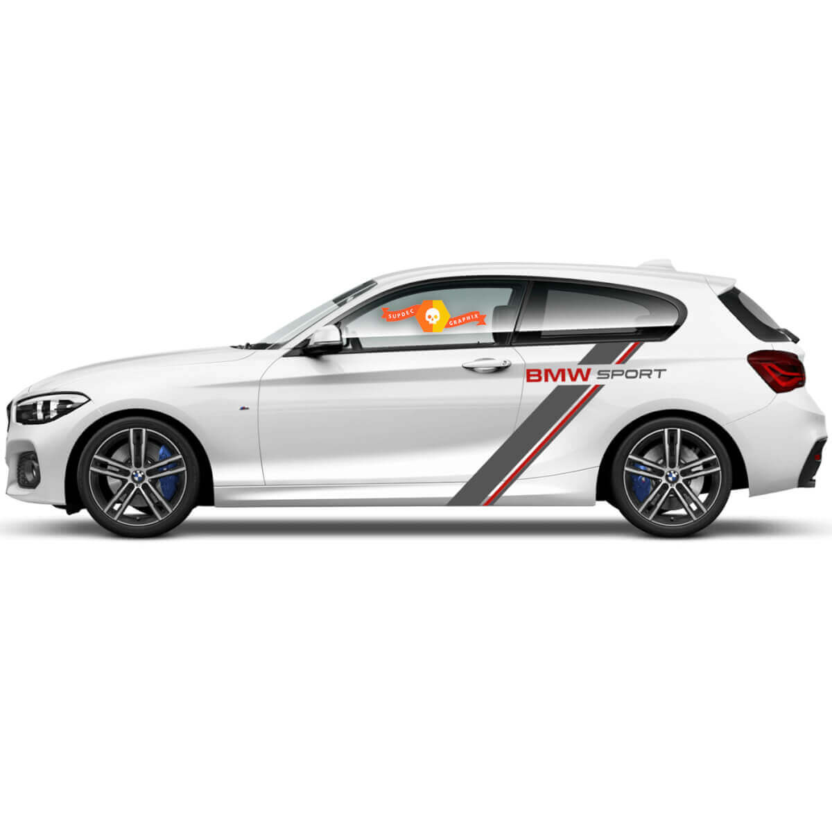 2 x Vinyl Decals Graphic Stickers for the side of a BMW 1 Series 2015, adding style to the rear part.
