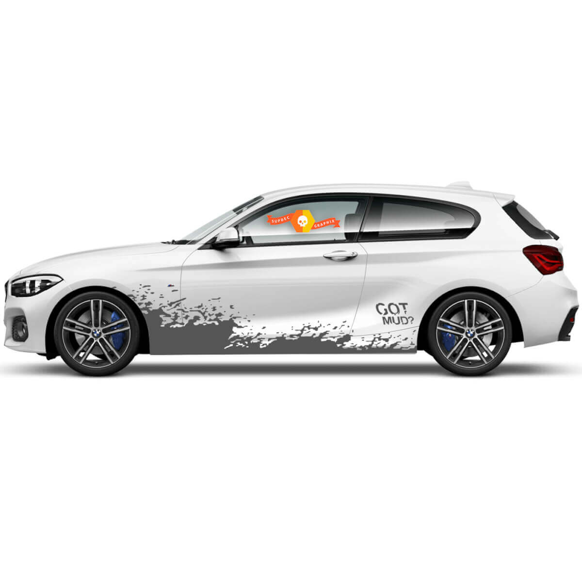2 x Vinyl Decals Graphic Stickers for the side of a BMW 1 Series 2015 featuring a flying mud design.
