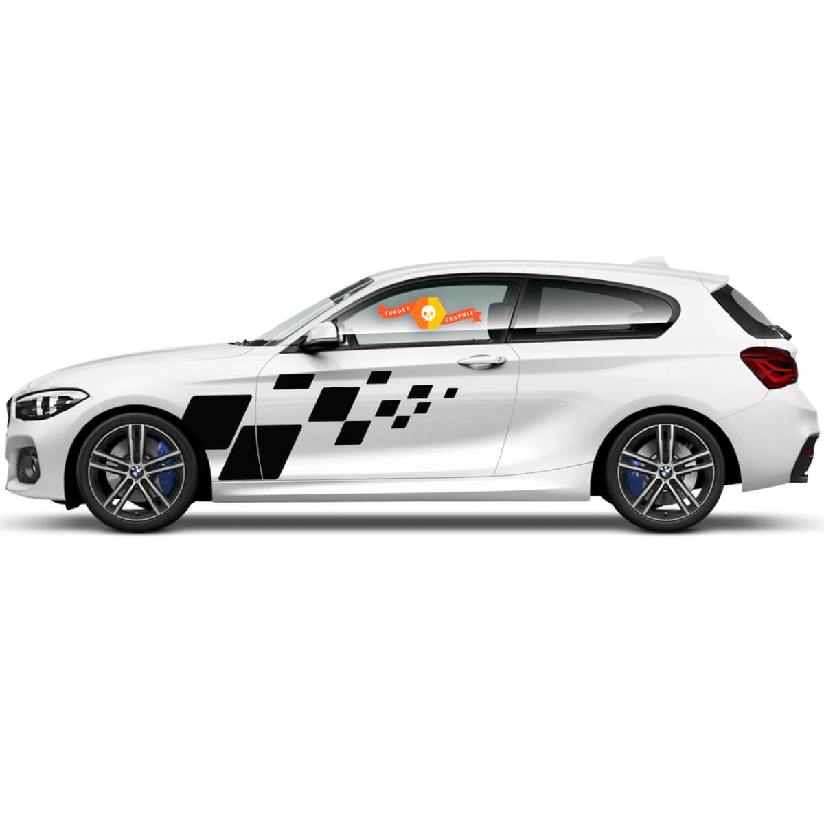 2x Vinyl Decals Graphic Stickers for the side of a BMW 1 Series 2015, featuring a black squares checkered flag design.
