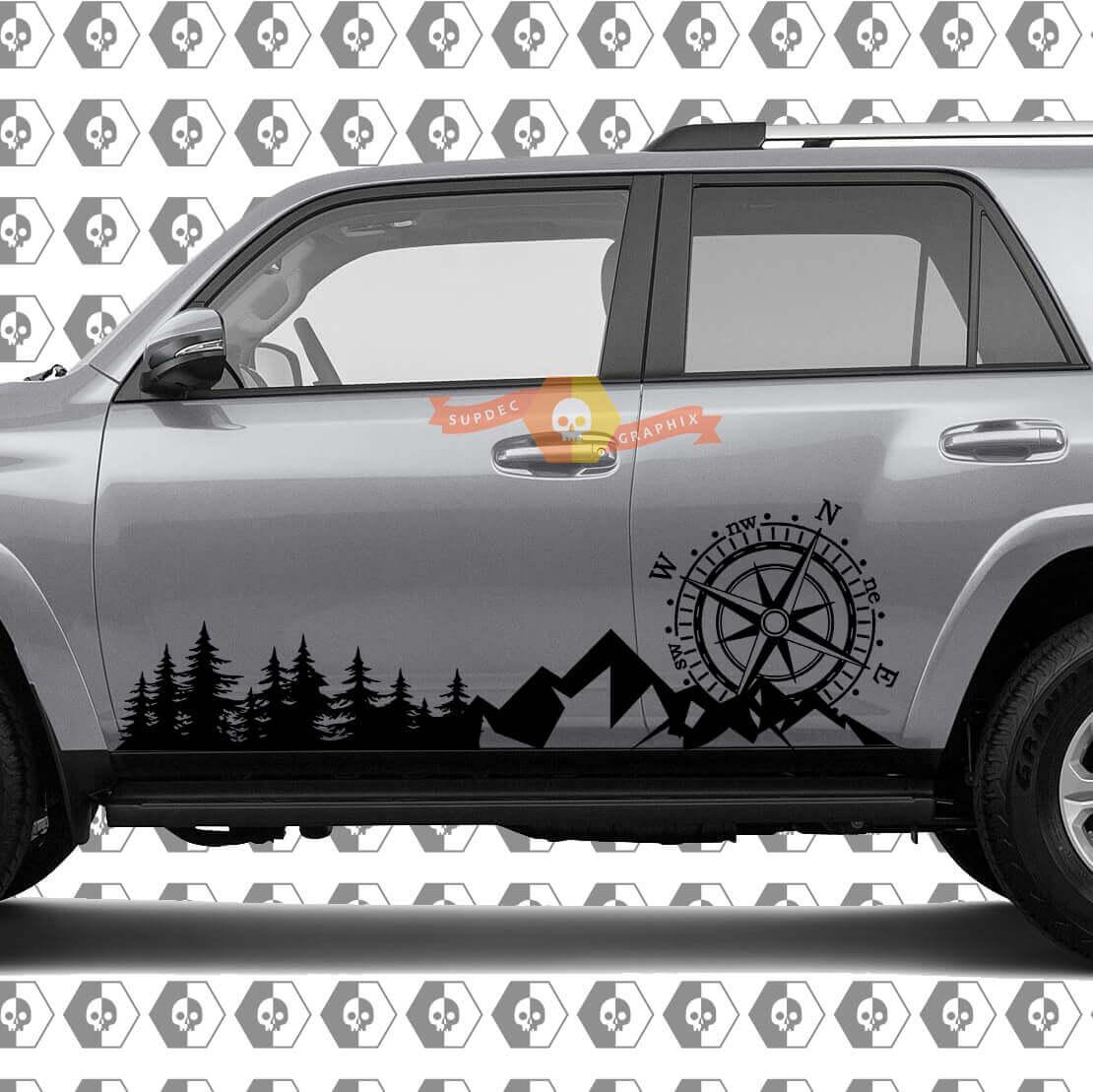 Side Trees Mountains and Huge Compass Side Vinyl Sticker Decal suitable for Toyota 4Runner 13-22 TRD Fifth generation
