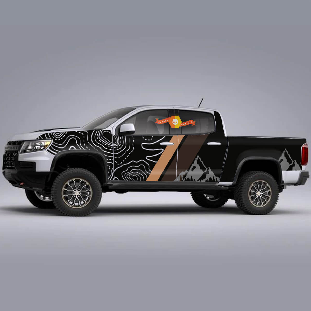 Pair Truck Side Topographic Contour Map Mountain WRAP Vinyl Graphic Stickers Decals Stripe ZR2 Chevy Colorado
