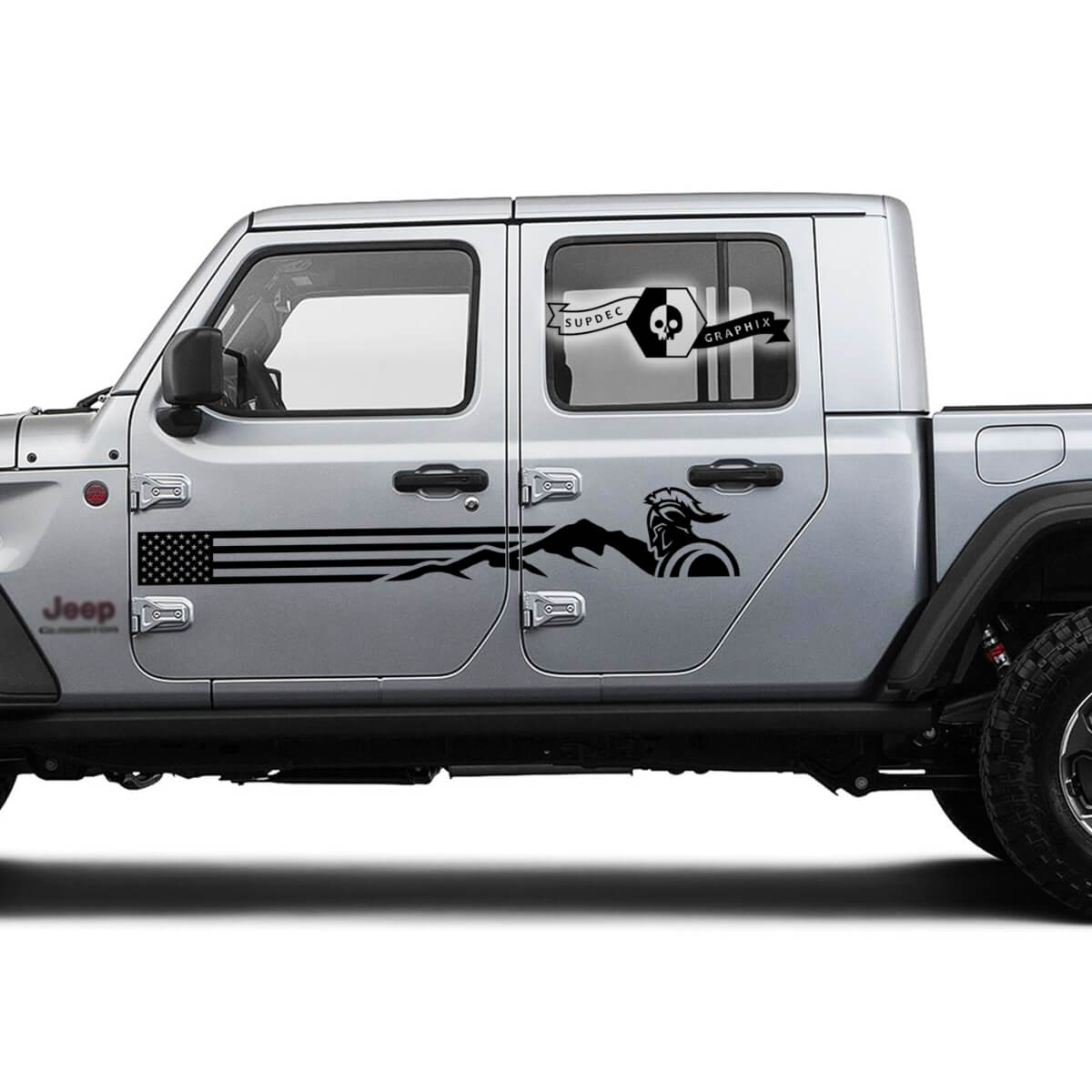 Pair Jeep Gladiator Doors UK Flag Mountains Gladiator Logo Vinyl Graphics Decal Sticker
