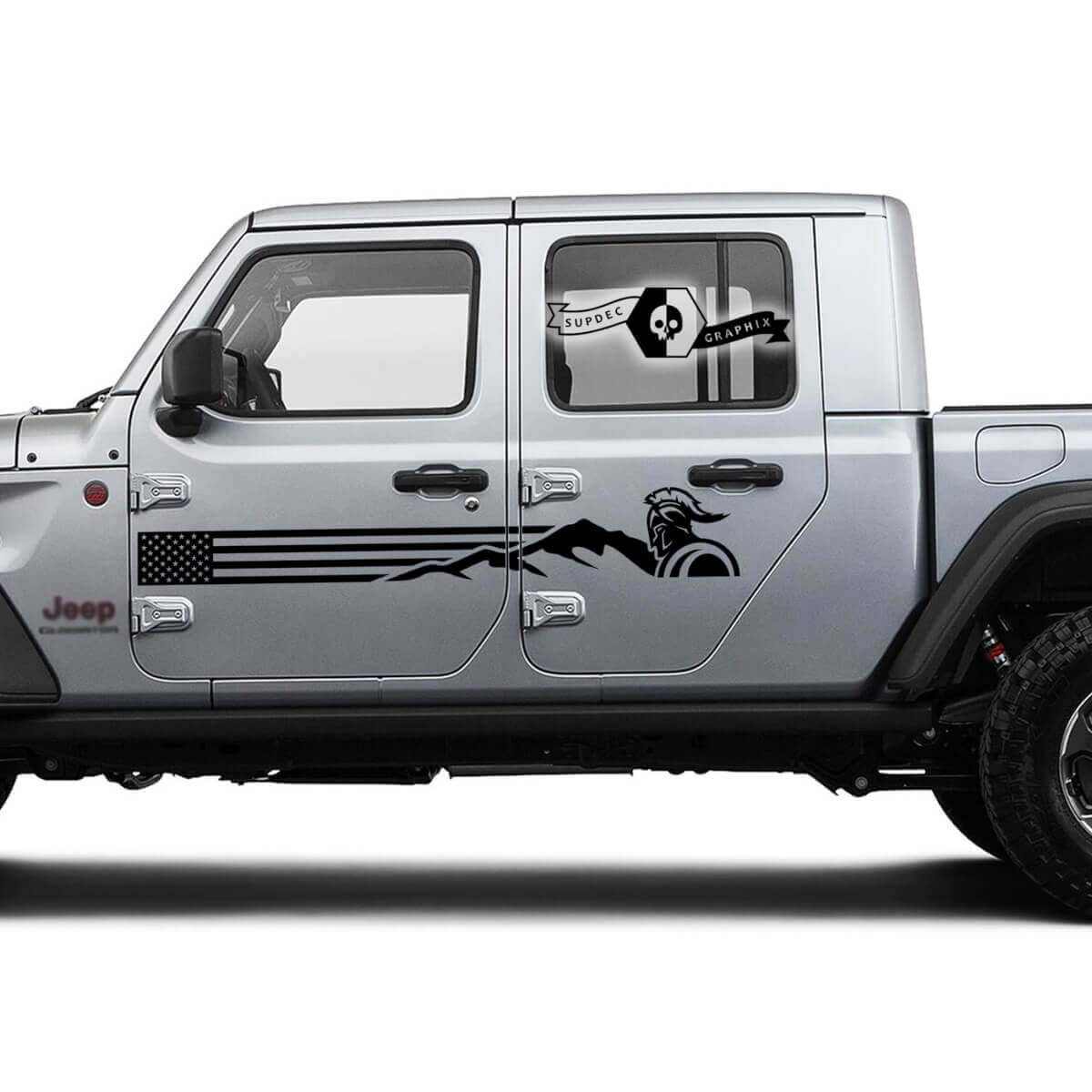 Pair Jeep Gladiator Doors UK Flag Mountains Gladiator Logo Vinyl Graphics Decal Sticker

