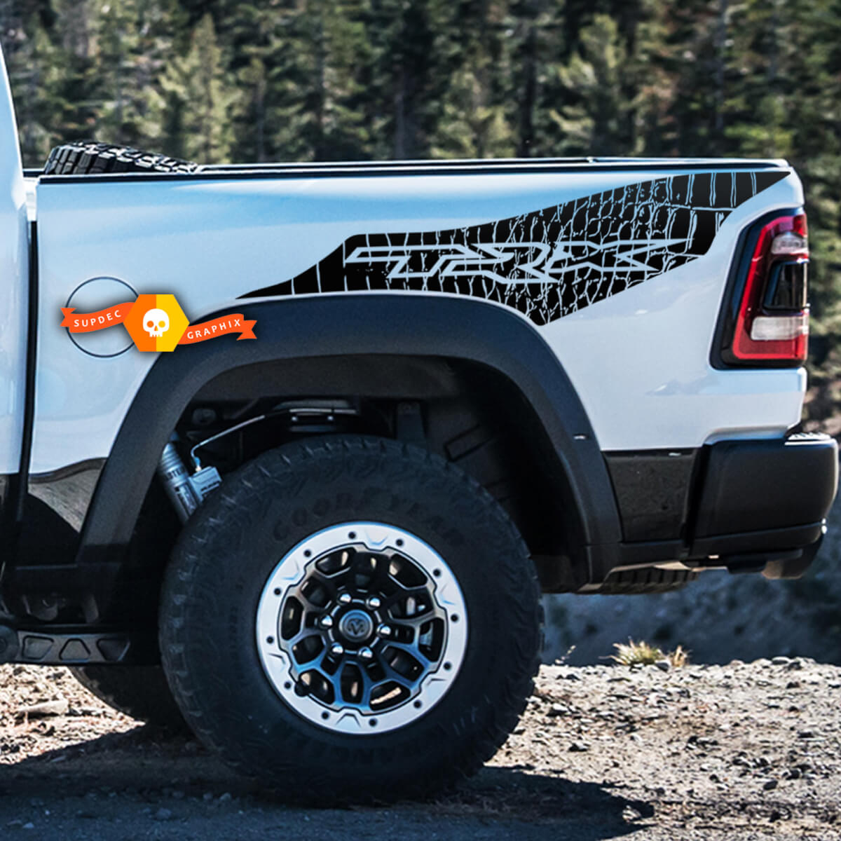 Pair Dodge Ram Rebel TRX 2022+   2023+ Side 1500 TRX Bed Logo Dinosaur Skin Truck Vinyl Sticker Decal Graphics
