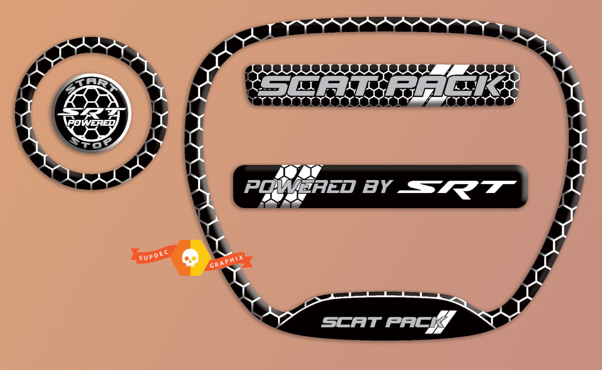 Set of Scat Pack Black White SRT Steering Wheel Trim Ring emblem domed Sticker Decal Charger Dodge
