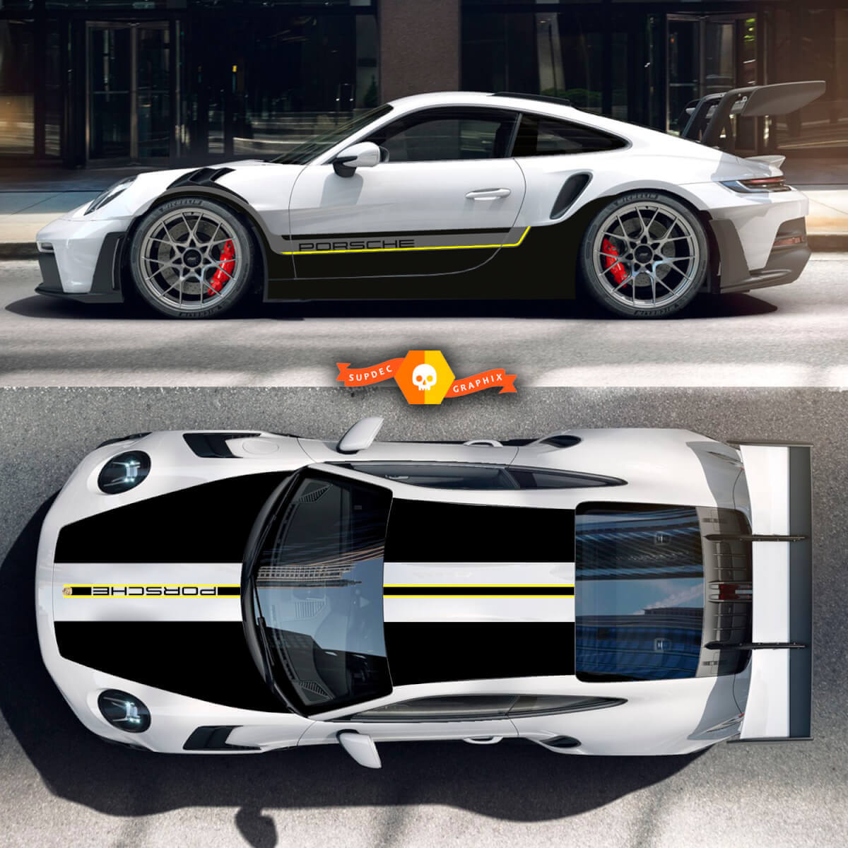 2 Colours Porsche 991 GT3 Stickers Kit  Hood Roof Tail Spoiler Stripes Decal Sticker
