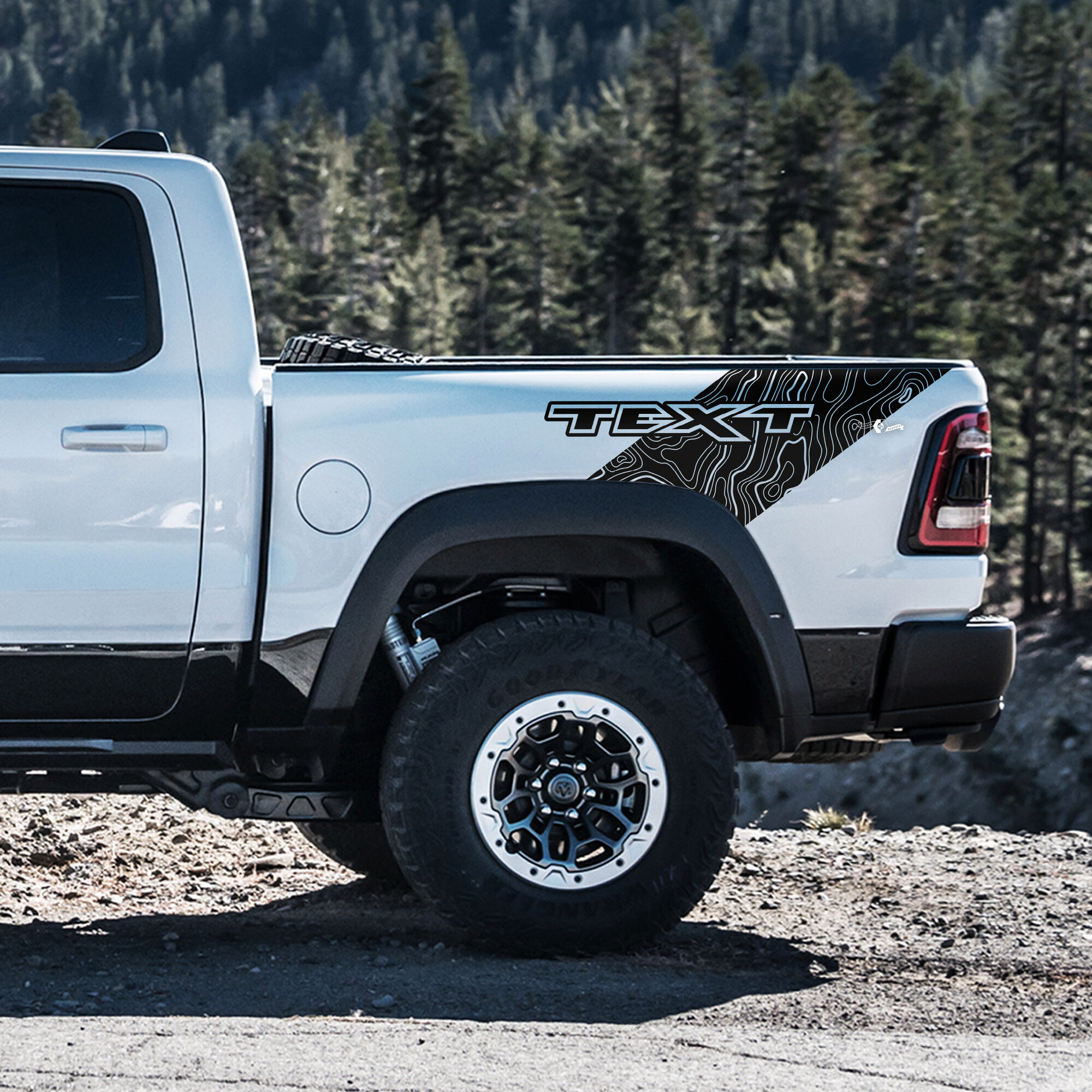 Topographic Sweep Custom Text Bedside Vinyl Decal Sticker for RAM 1500 Rebel, TRX 2019-2026
