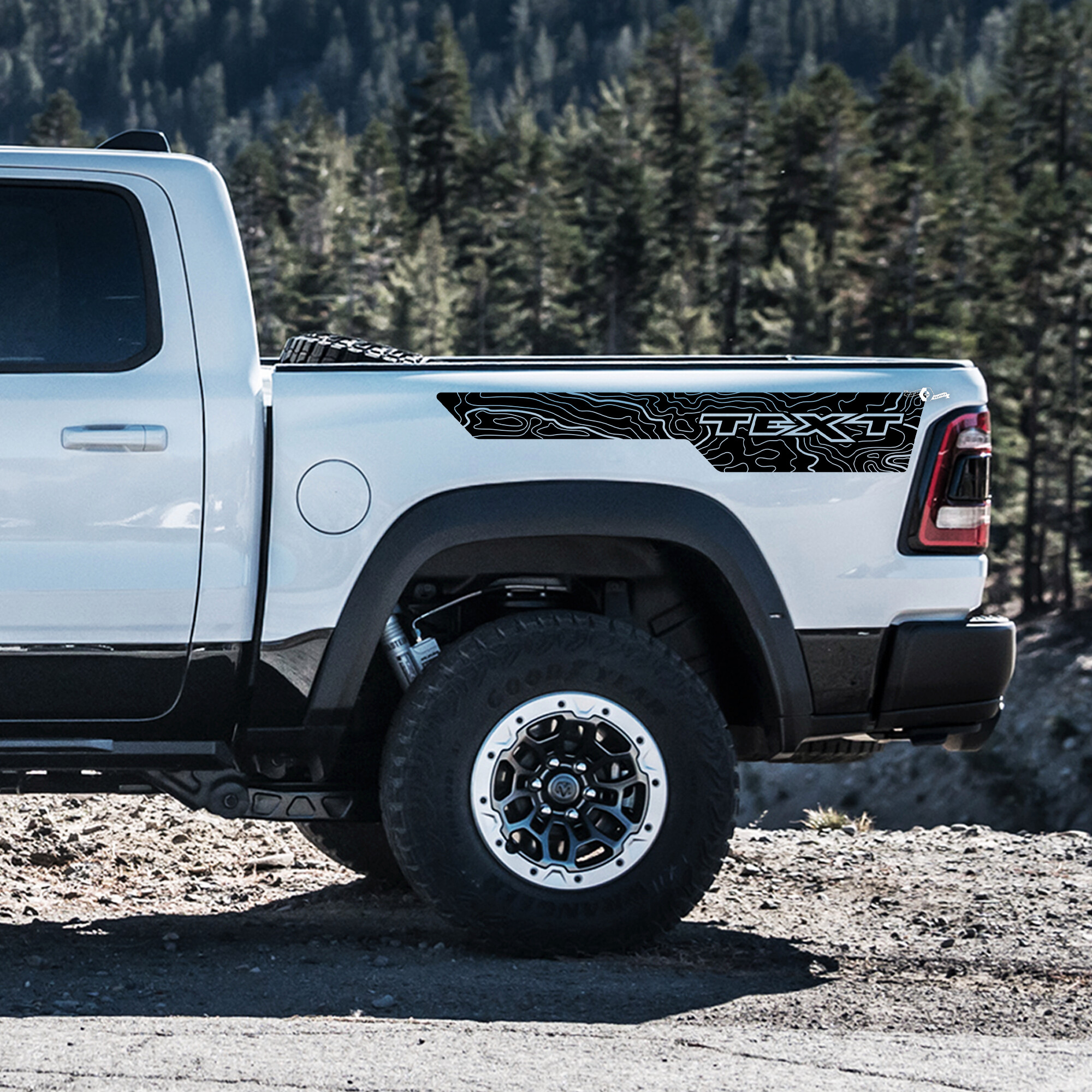 Topographic Stripe Custom Text Bedside Vinyl Decal Sticker for RAM 1500 Rebel, TRX 2019-2026