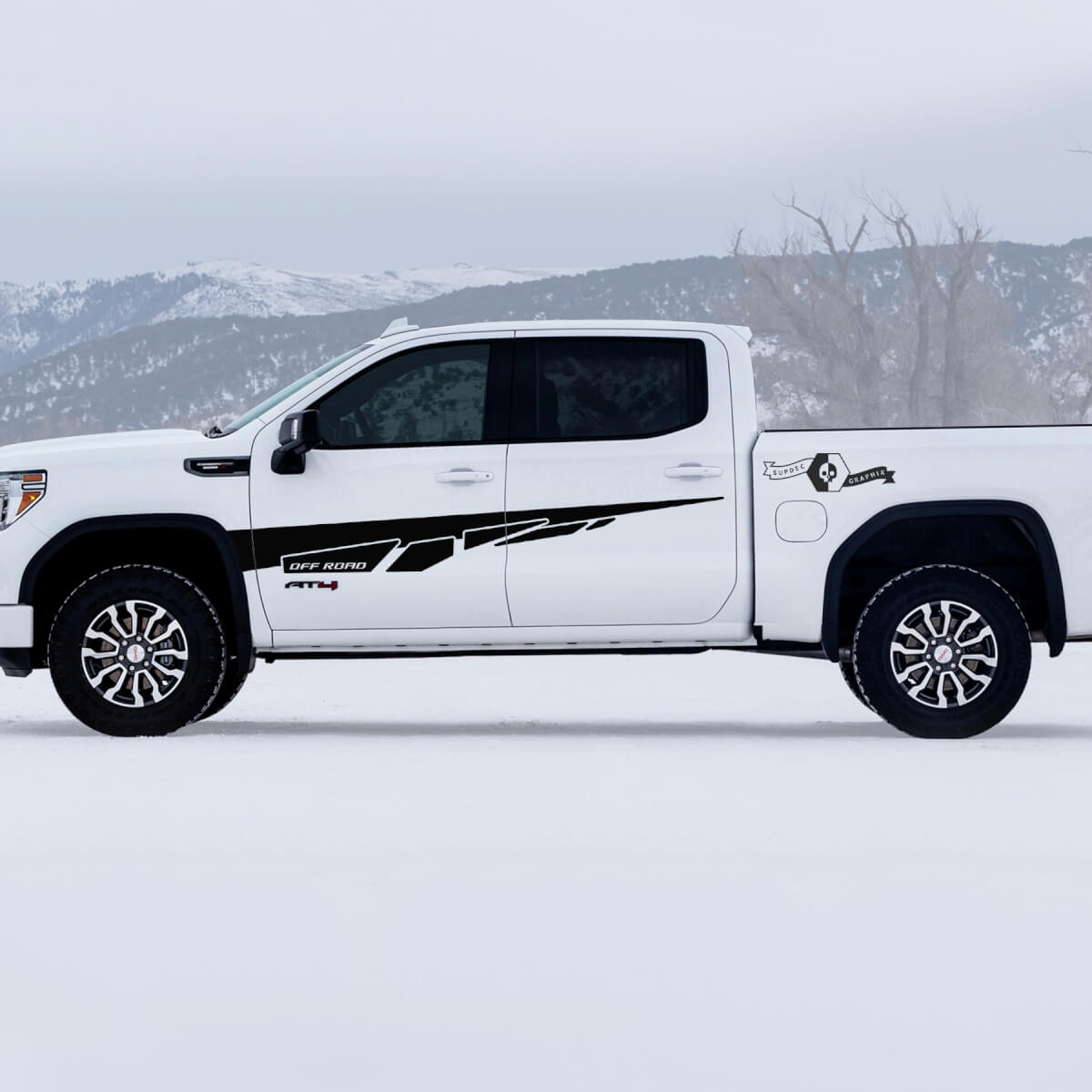 2 New GMC GM Sierra 1500 AT4 Fender Doors Splash Off-Road Side Bed Destroyed Decals Stickers
