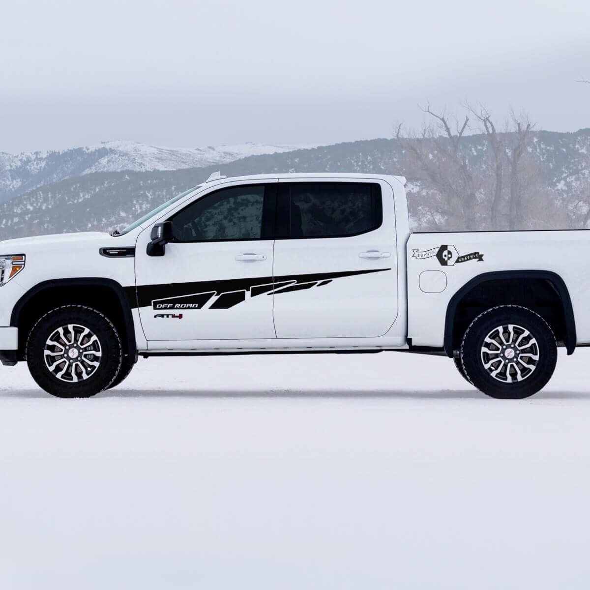 2 New GMC GM Sierra 1500 AT4 Fender Doors Splash Off-Road Side Bed Destroyed Decals Stickers
