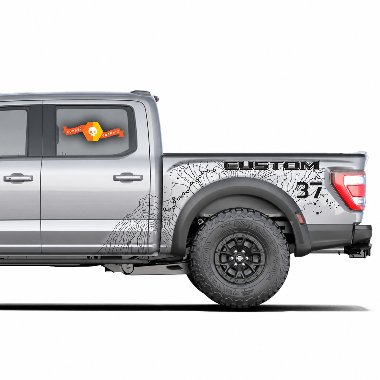 SVT CUSTOM Topographic Map Splash 37 Bedside Vinyl Decal Sticker for Ford F-150 Raptor 2023