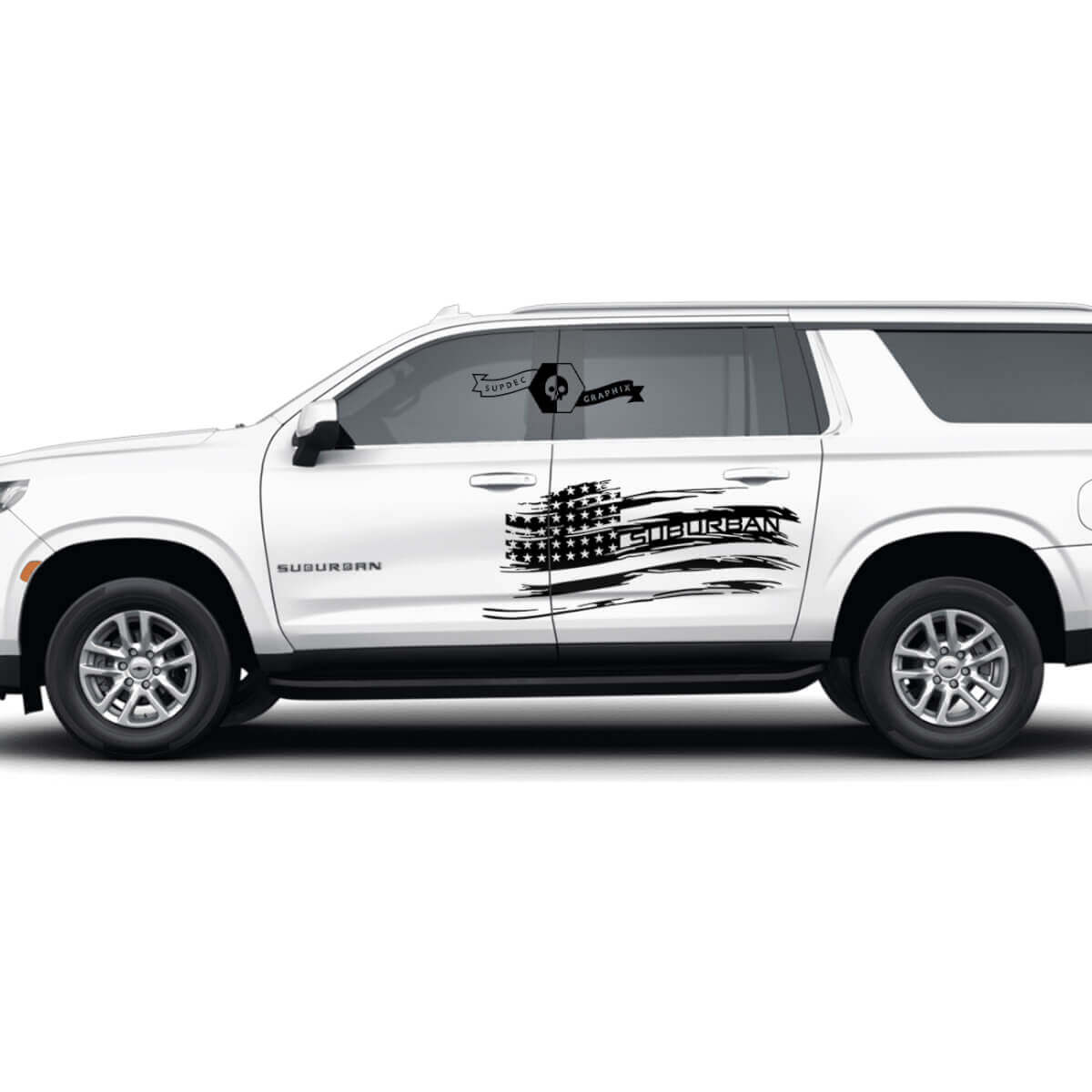 Pair Chevrolet Suburban Side Destroyed USA Flag Doors Vinyl Decal Sticker
