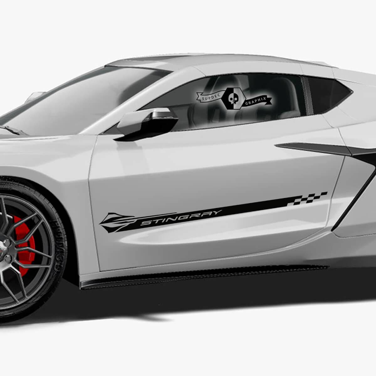 2x Chevrolet Corvette Z06 Side Doors Stripes Stingray Checkerboard Flag Vinyl Decal Sticker
