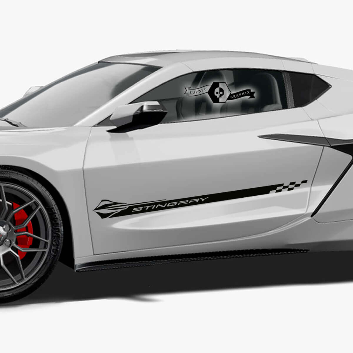 2x Chevrolet Corvette Z06 Side Doors Stripes Stingray Checkerboard Flag Vinyl Decal Sticker
