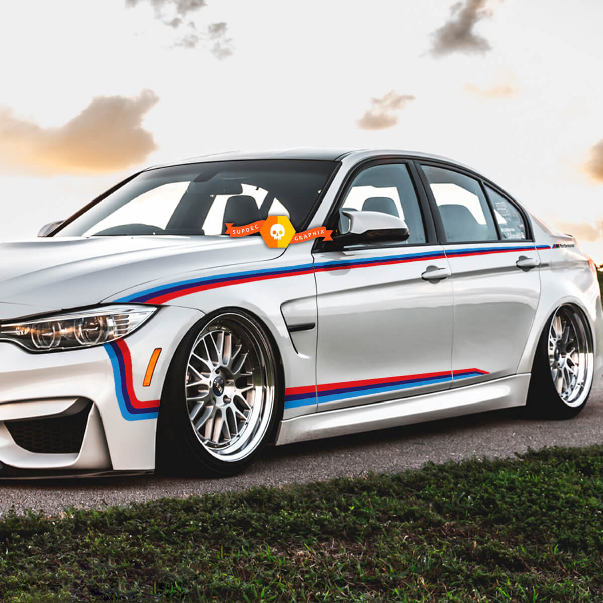 Pair BMW M colours stripes for SIDE Doors Bumper Fender Vinyl Decals Stickers
