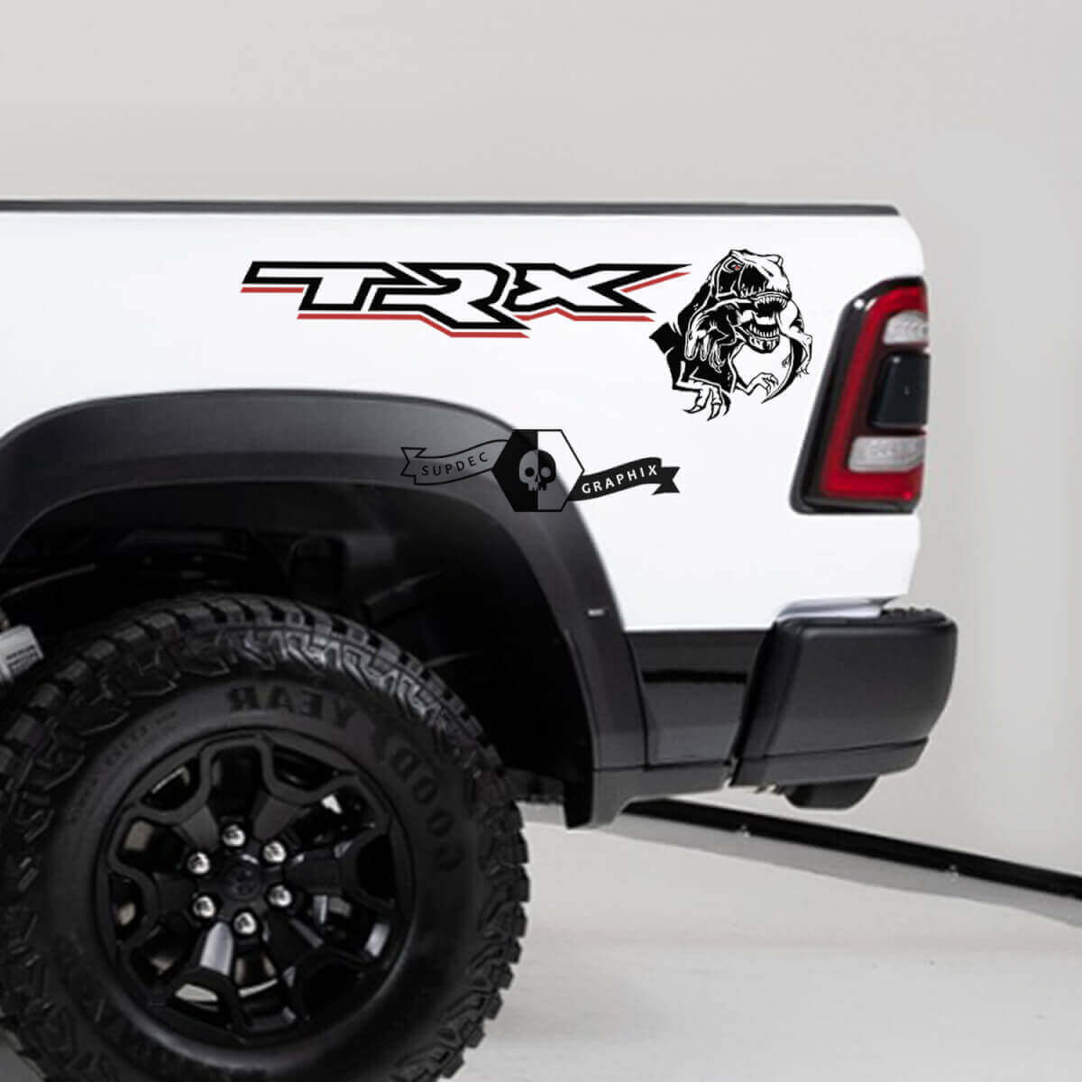 T-Rex Eating Raptor Bed Side Vinyl Decals Kit for Dodge Ram TRX 2020-23