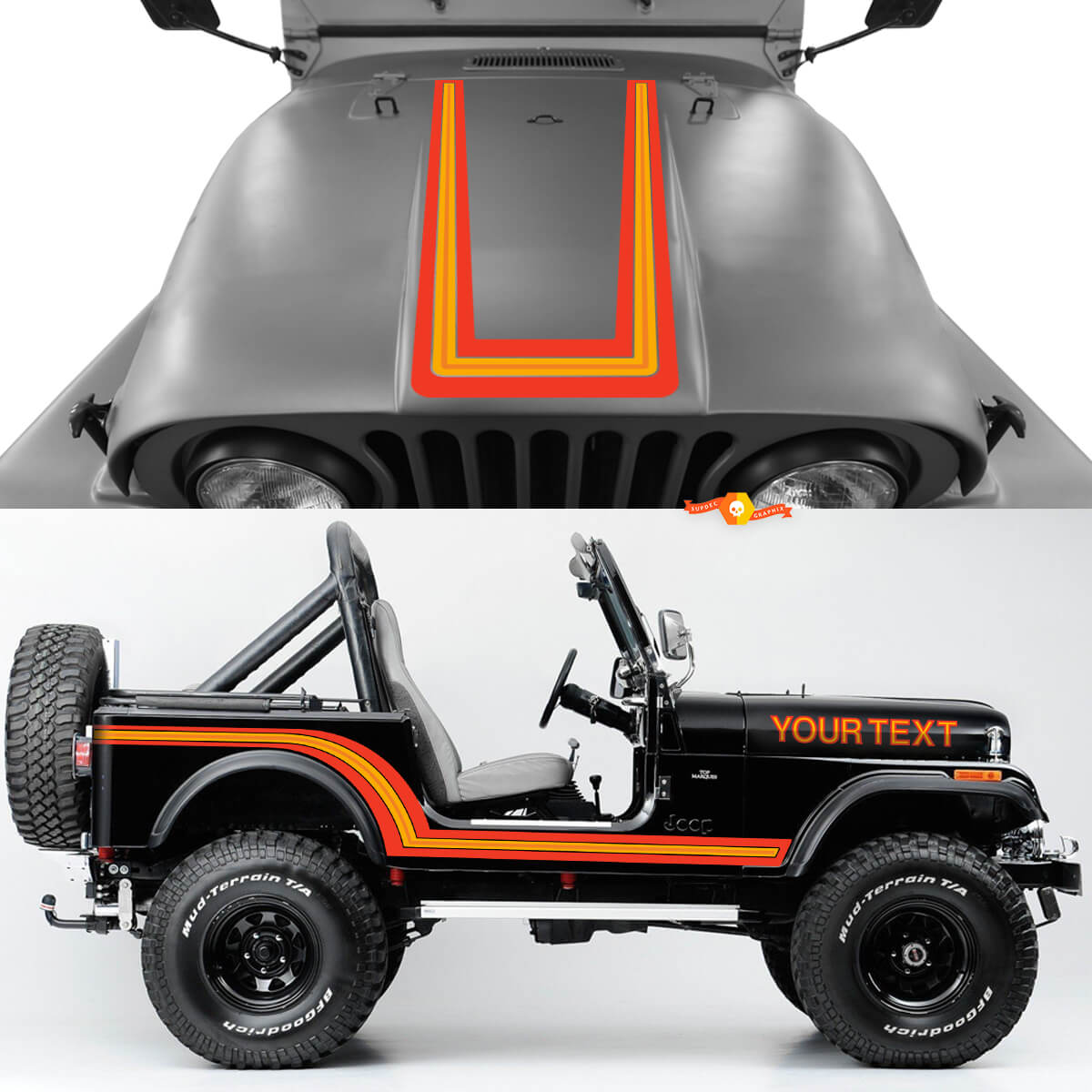 Retro Colour Rocker Panel Bonnet Wing Decals for Jeep Renegade CJ7