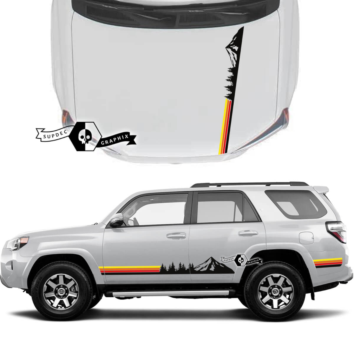 Pair 4Runner 2023 Side Door Hood Old School Sunset Vinyl Mountains Forest Decals stripe Stickers for Toyota 4Runner TRD
