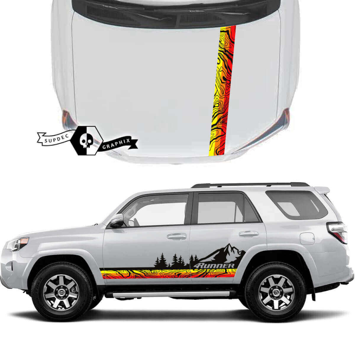 Mountains Topo Map Style Stripes Door Bonnet Vinyl Decals for Toyota 4Runner 2023