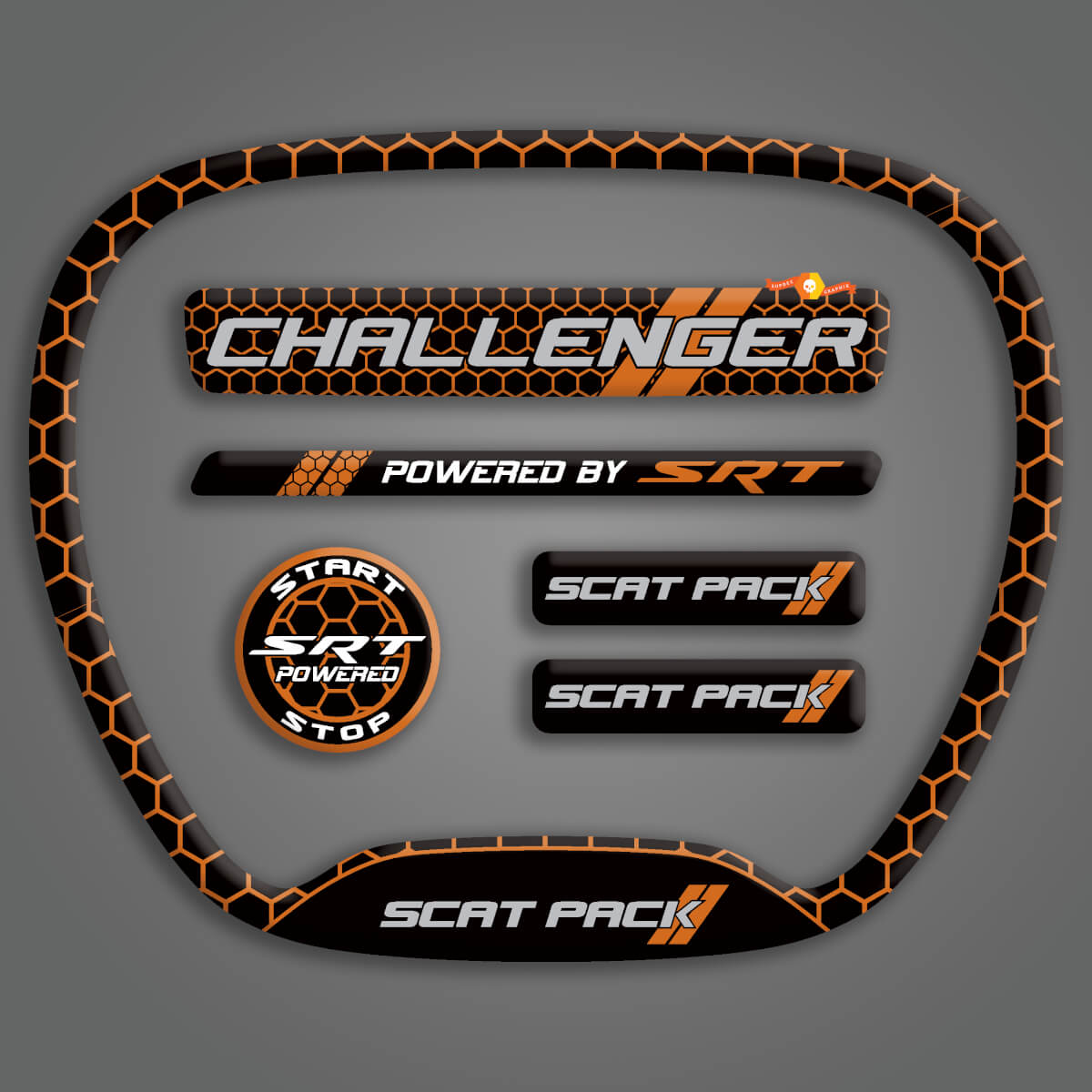 Set of Challenger SRT Scat Pack Honeycomb Cinnamon Orange Steering WHEEL TRIM RING emblem domed Sticker Decal Charger Dodge Scatpack
