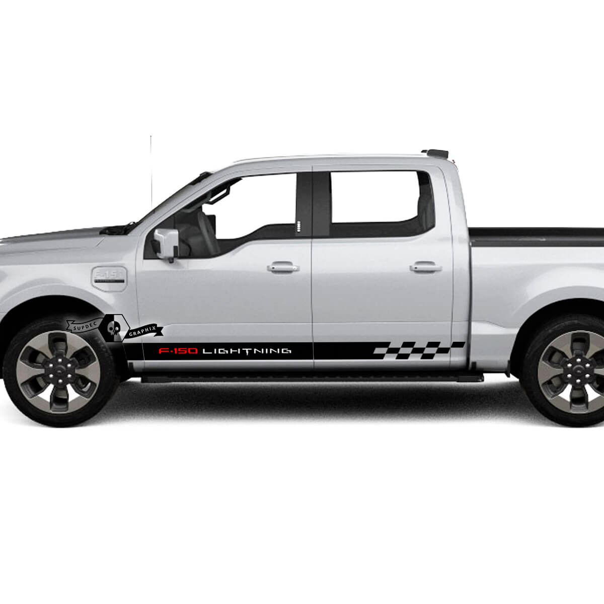 Pair Ford F-150 Lightning 2022 2023 Rocker Panel Checkerboard Flag Stripes Body Doors Decals Side Stickers Graphics Vinyl
