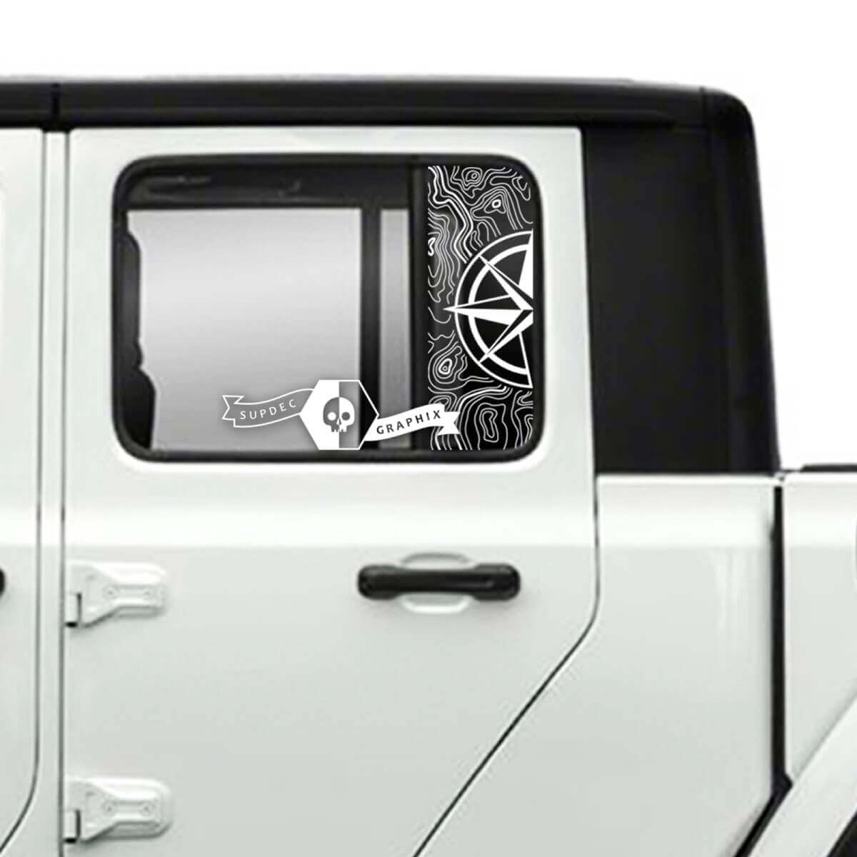 Pair of Jeep Gladiator Side Door Window Compass Topographic Map Stickers Decals Vinyl Graphics Stripe
