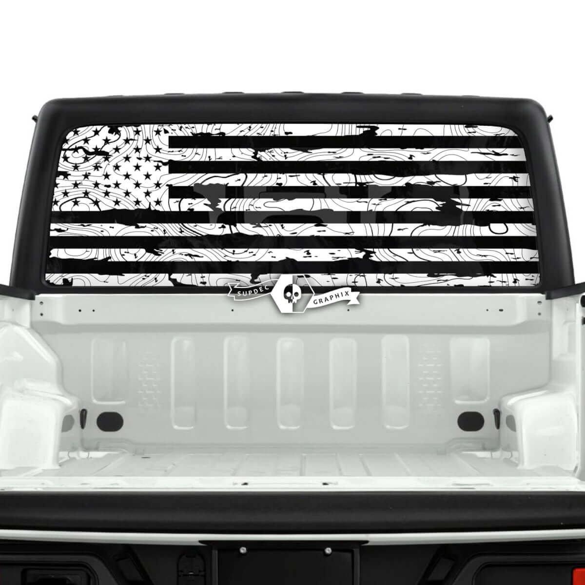 Jeep Gladiator Rear Window Flag USA Destroyed Topographic Map Topo Stickers Decals Vinyl Graphics Stripe
