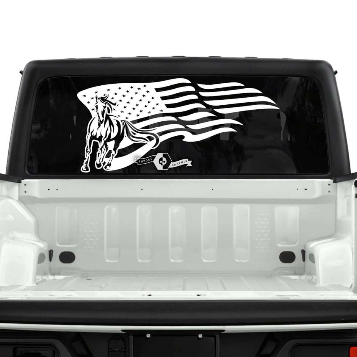 Jeep Gladiator Rear Window Flag USA Horse Stickers Decals Vinyl Graphics Stripe
