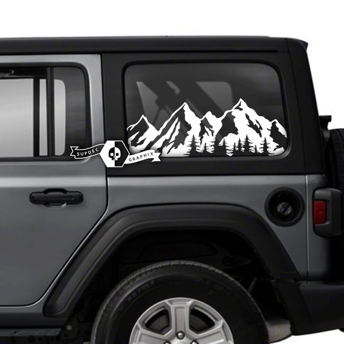 Pair of Jeep Wrangler Unlimited Side Door Window Mountains Forest Stickers Decals Trim Vinyl Graphics
