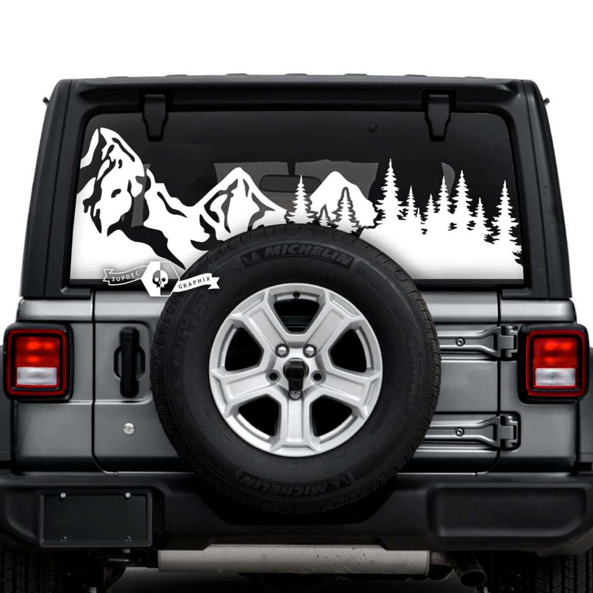 Jeep Wrangler Unlimited Rear Window Mud Splash Mountains Forest Tire Track Stickers Decals Vinyl Graphics
