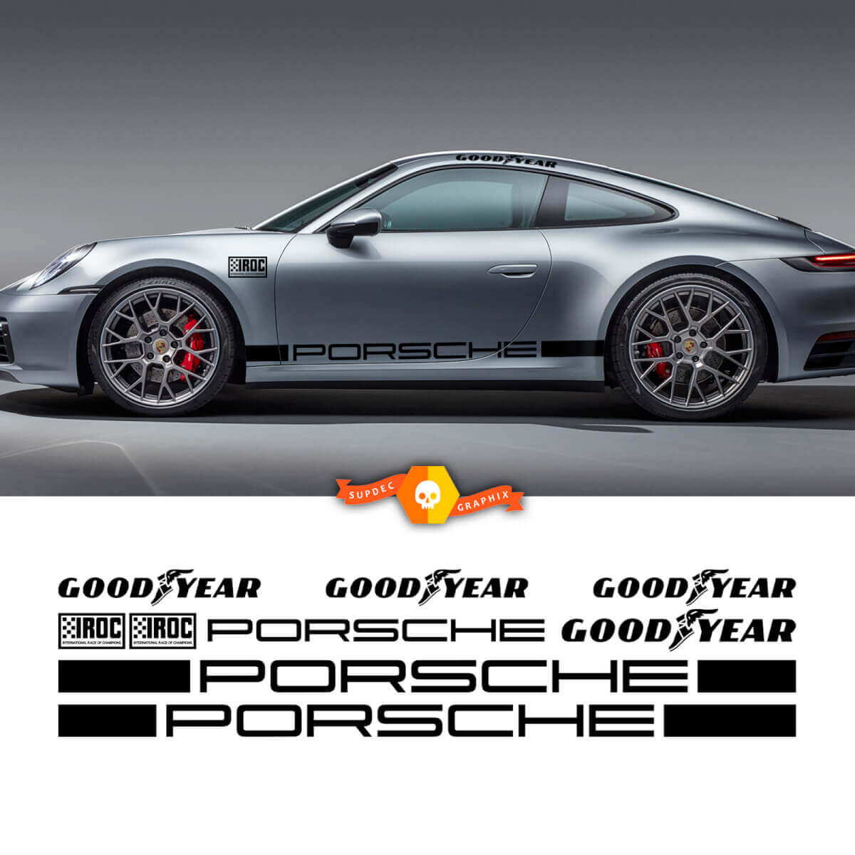 2 Porsche 911 Porsche Carrera IROC GoodYear Racing Rocker Panel Side Stripes Doors Kits Decal Sticker
