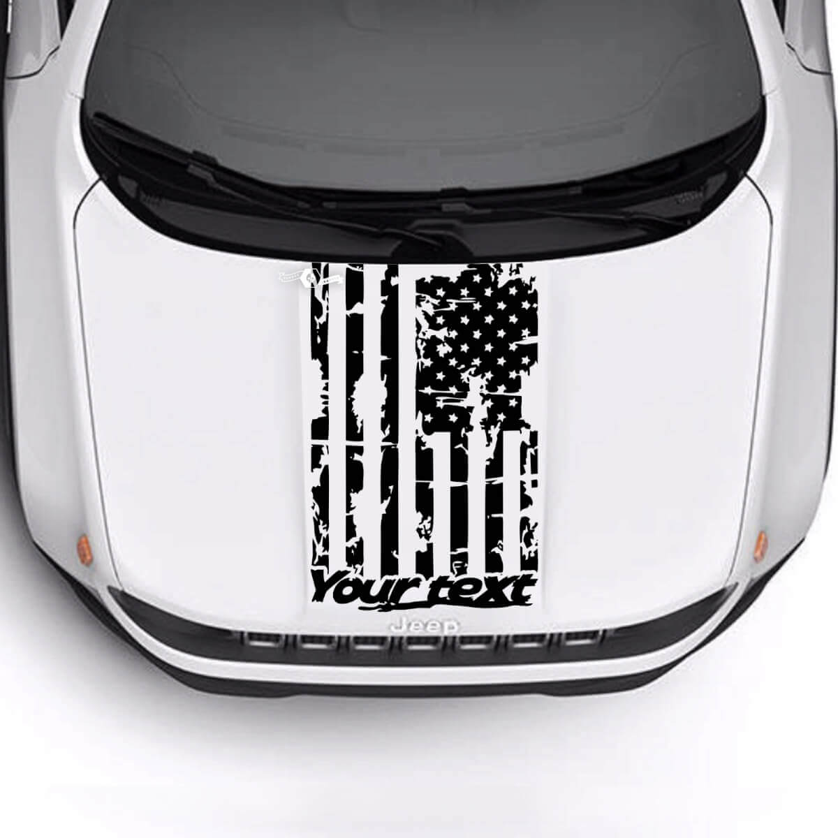 Custom Text USA Flag Weathered Destroyed Bonnet Logo Stripe Vinyl Decal Sticker for Jeep Renegade Trailhawk
