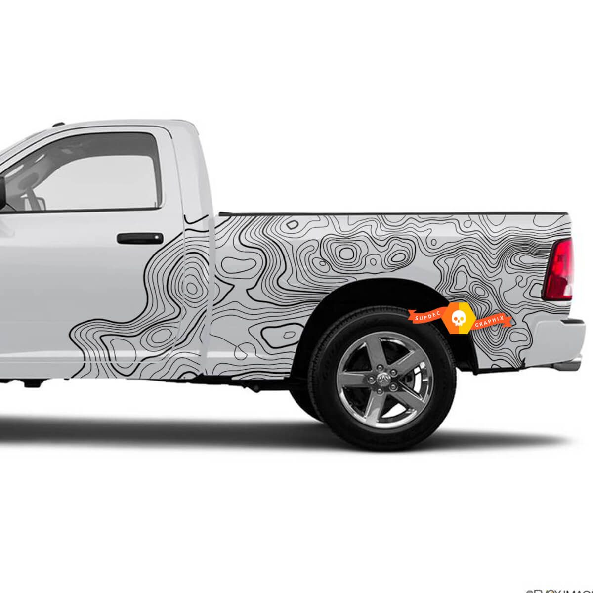 Pair Dodge Ram Tradesman 1500 4x4 Crew Cab Topographic Map Topo Bed Side Doors Truck Vinyl Sticker Decal Graphic
