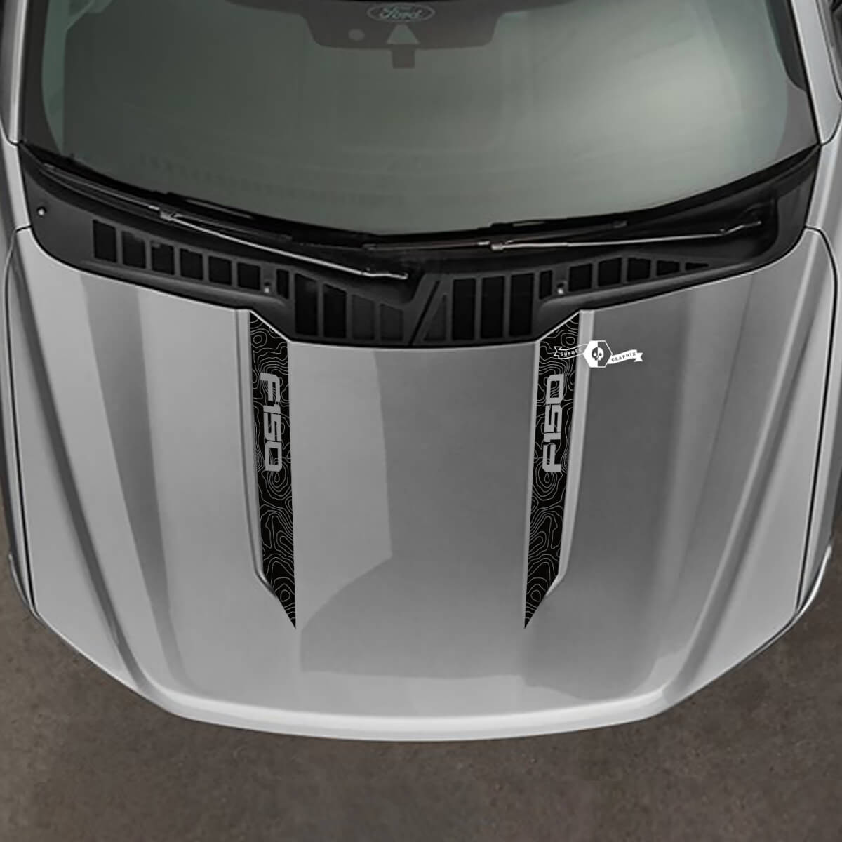 Ford F-150 2021-2024 Wide Hood Spear Stripes Topographic Map Design Vinyl Stickers Decals
