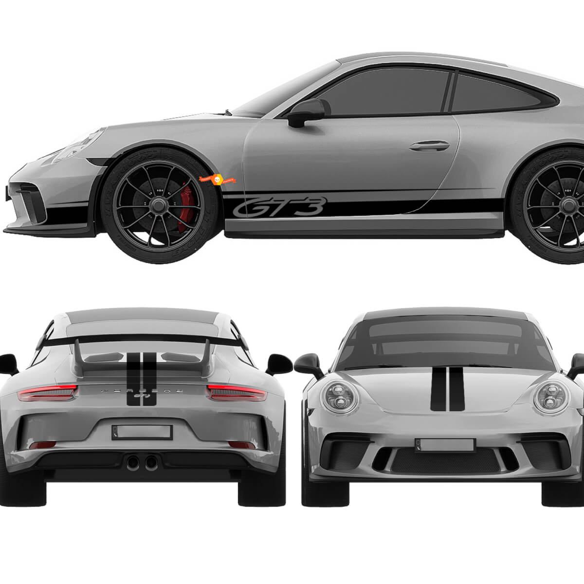 Porsche 911 GT3 Stripes Sides Hood Trunk Kit - Custom Vinyl Decal Graphics
