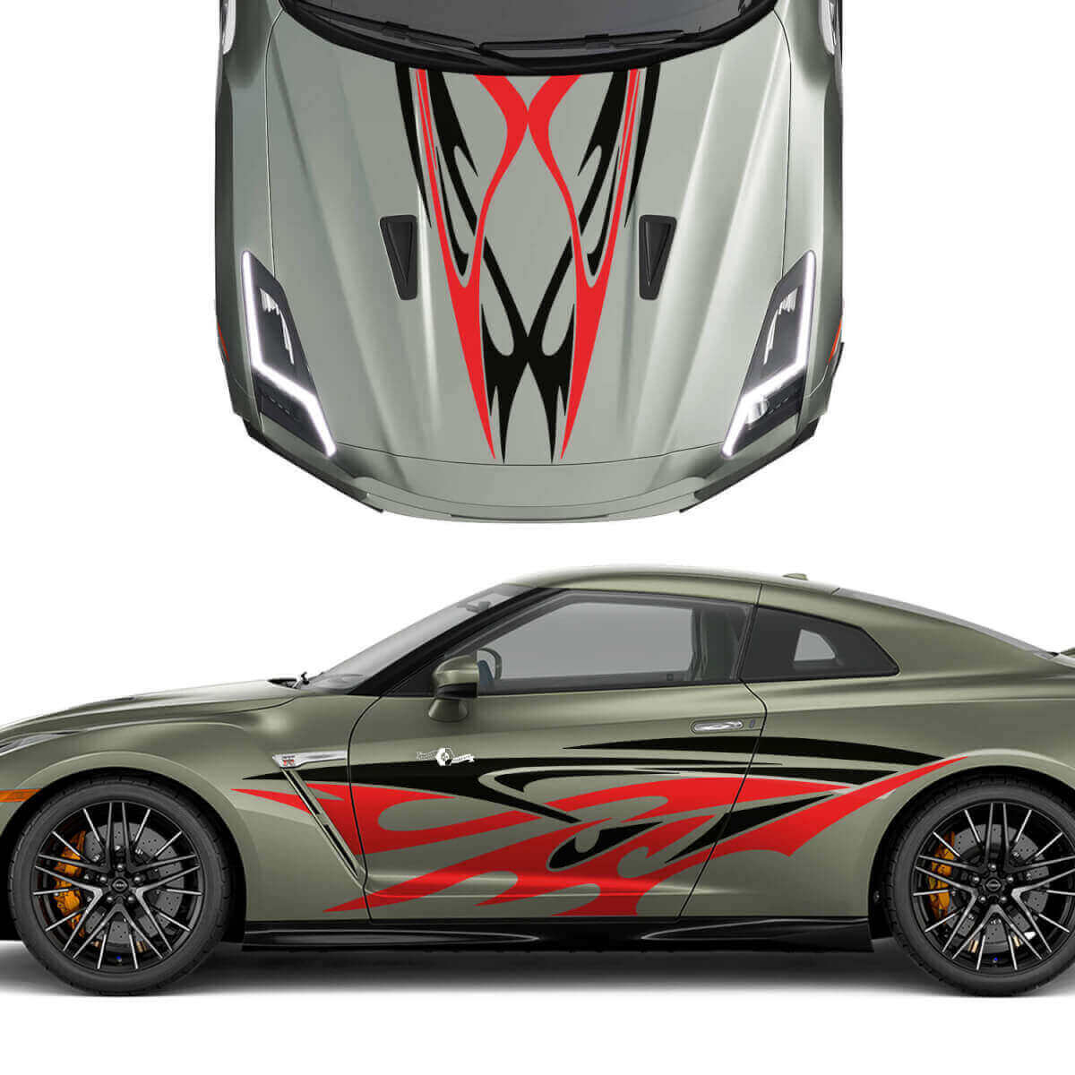 Hood and Sides Dual Tribal Tattoo Graphics Stripes Decal Kit 3 for Nissan GT-R