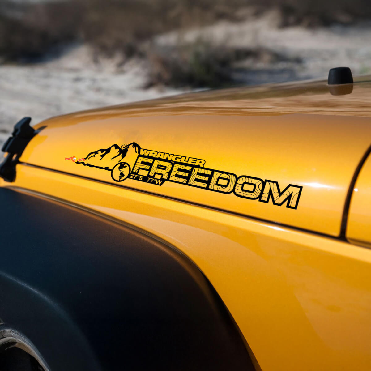 Custom Text and Coordinates Mountain Jeep Wrangler Hood Decal Rubicon Sahara JL JK CJ TJ YJ
