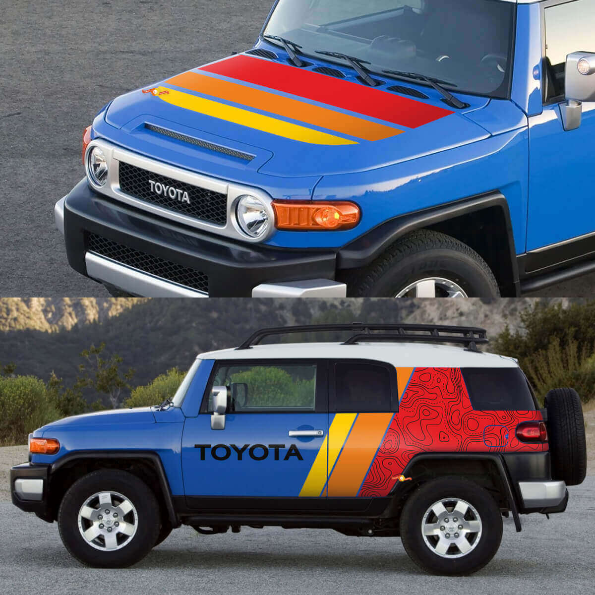 Retro Topographic Hood and Side Graphic Vinyl Decal Kit for Toyota FJ Cruiser