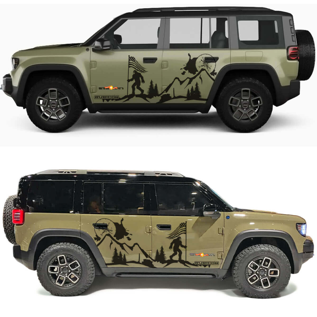 Bigfoot Usé Drapeau Américain Montagnes Boussole Rubicon Portes Latérales Autocollant Vinyle pour Jeep Recon