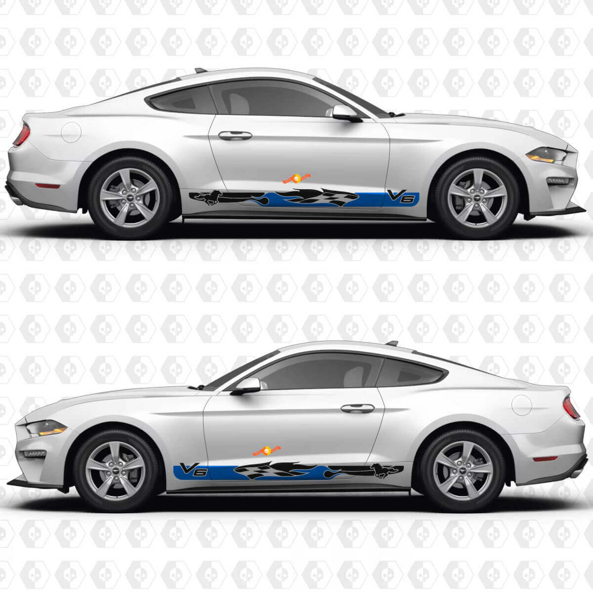 V6 Mustang Checkered Flag Inspired Side Door Rocker Panel Vinyl Decals Stickers for Ford Mustang