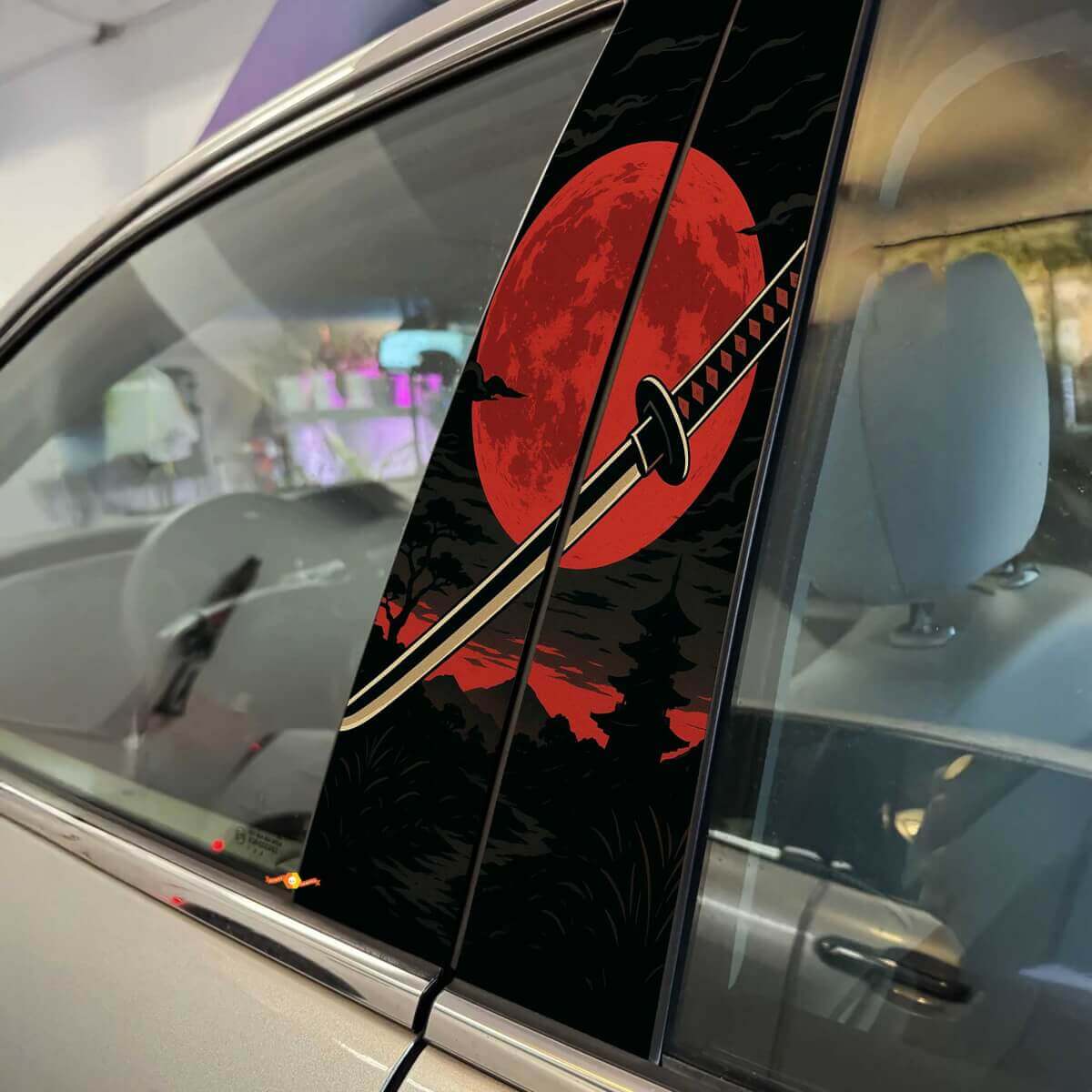 Dramatic Japanese Katana Red Moon Pillar Doors Vinyl Decal Sticker