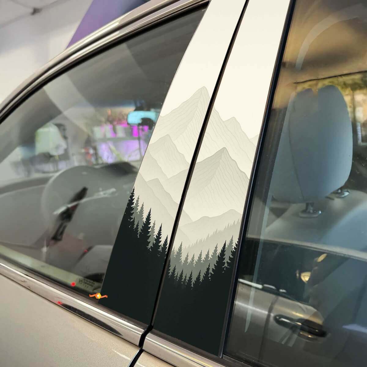 Fog Mountains Forest Silhouette Pillar Doors Vinyl Decal Sticker